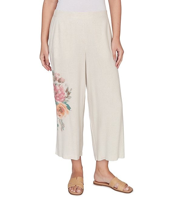 Ruby Rd. Sand-Washed Linen Floral Placement Print Wide Leg Pull-On Coordinating Cropped Pants