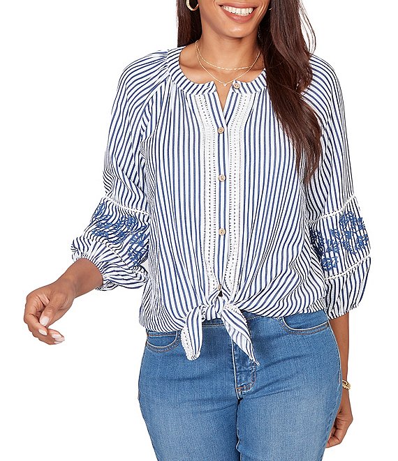 Ruby Rd. Seersucker Woven Stripe Band Collar 3/4 Embroidered Sleeve Tie-Front Blouse
