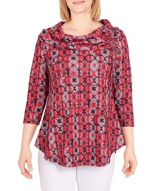Color:Light Grey/Red Multi - Image 1 - Shibori Print Cozy Knit Ruched Cowl Neck 3/4 Sleeve Top