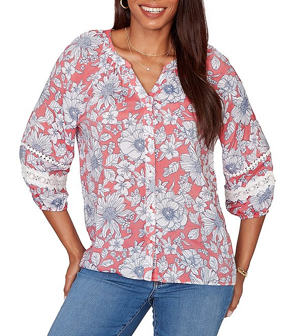 Ruby Rd. Silky Gauze Woven Floral Split V-Neck 3/4 Lace Inset Sleeve Blouse