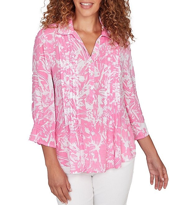Ruby Rd. Silky Slub Woven Brushstroke Floral Collared V-Neck 3/4 Sleeve Partial Button Front Top, Hydrangea Multi - Image 1