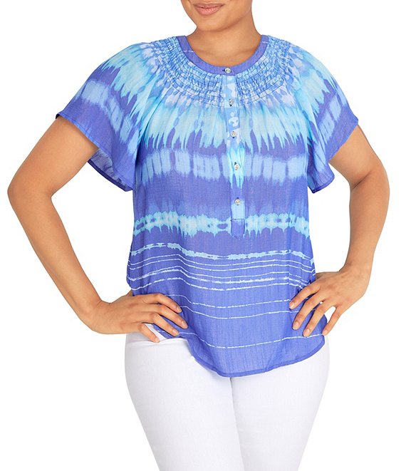 Ruby Rd. Silky Tie Dye Print Banded Crew Neck Short Sleeve Half Button ...