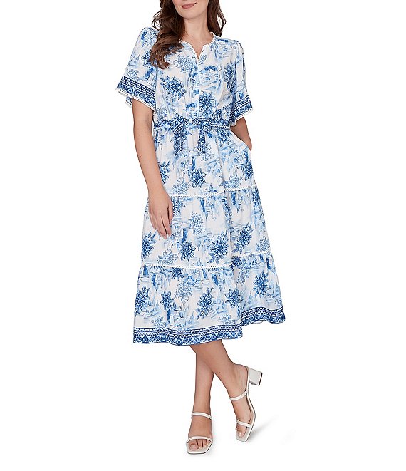 Ruby Rd. Silky Voile Toile Border Print Split Round V-Neck Short Sleeve Belted Midi Dress