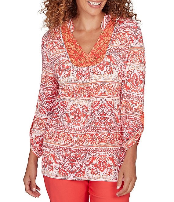 Ruby Rd. Slub Knit Woodblock V-Neck 3/4 Roll-Tab Sleeve Top