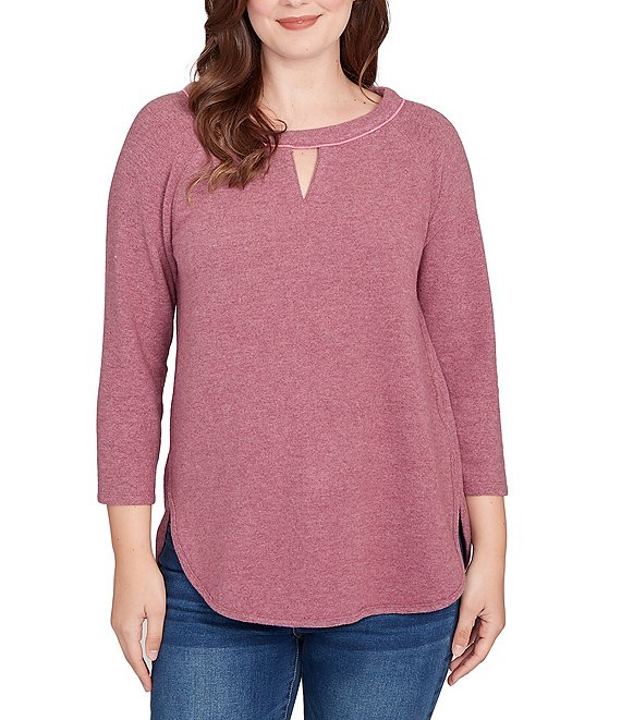 Ruby Rd. Soft Hatchi Knit Keyhole Neck 3/4 Sleeve Top