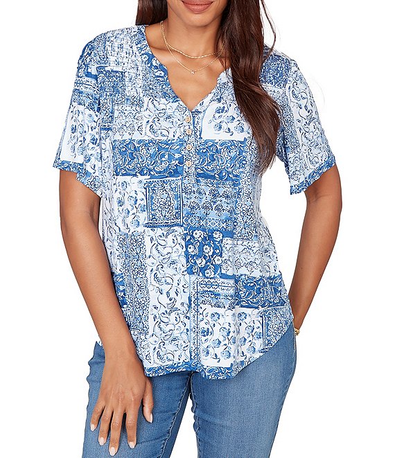 Ruby Rd. Soft Knit Patchwork Print Split V-Neck Short Sleeve Tee Top