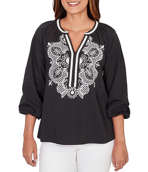 Ruby Rd. Soft Woven Embroidered Split V-Neck 3/4 Sleeve Top