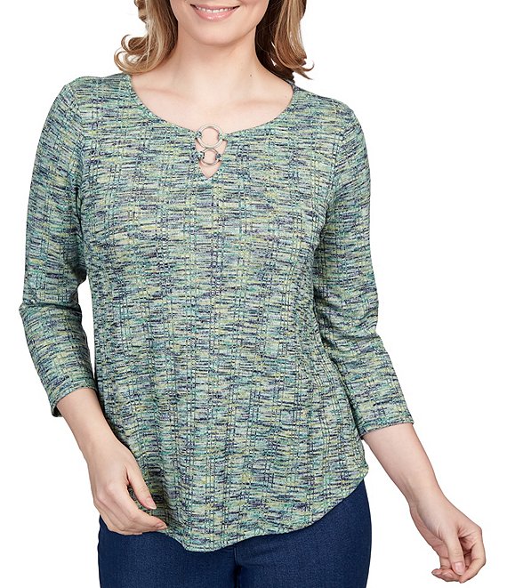 Color:Jewel Green Multi - Image 1 - Space Dye Knit Ring Keyhole Neck 3/4 Sleeve Shirt