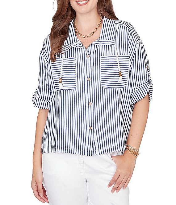 Ruby Rd. Spliced Stripe Spread Collar 3/4 Roll-Tab Sleeve Button-Front Jacket