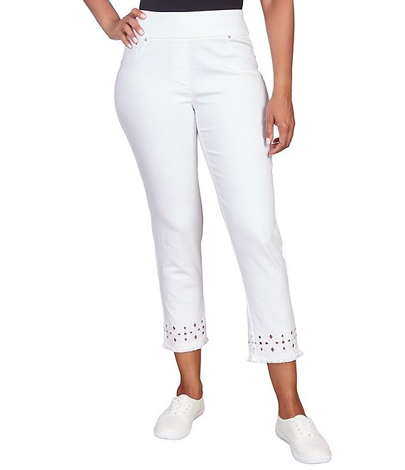 Ruby Rd. Stretch Denim Embroidered Eyelet Frayed Hem Pull-On Ankle Pants