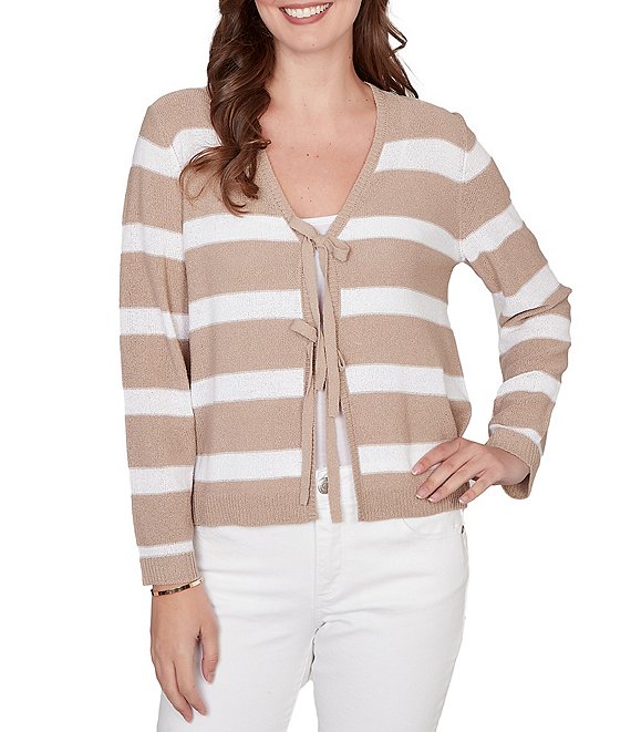 Ruby Rd. Stripe V-Neck Long Sleeve Tie-Front Sweater