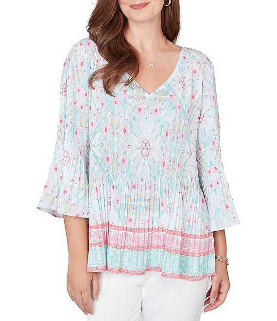 Ruby Rd. Tapestry Border Print V-Neck 3/4 Sleeve Blouse