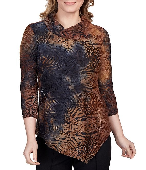 Ruby Rd. Plus Size Animal Print Burnout Knit Point Collar 3/4 Sleeve Button  Front Shirt, Dillard's