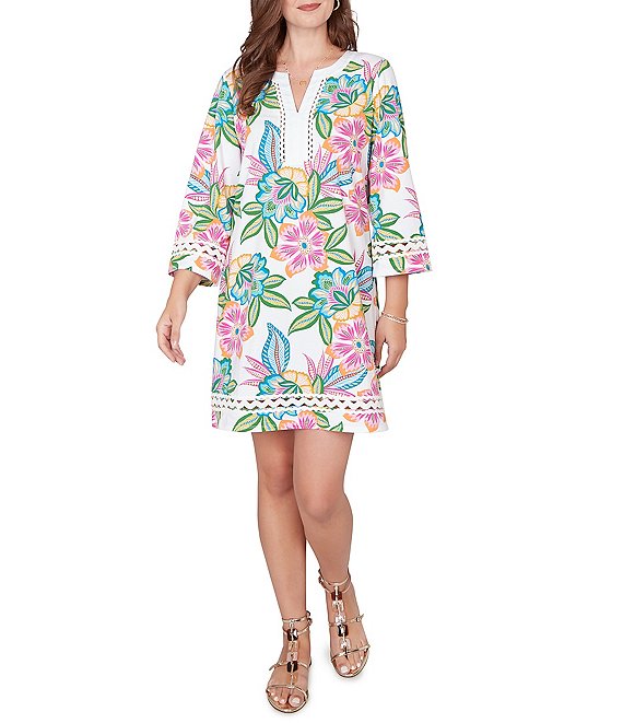 Ruby Rd. Tropical Floral Split V-Neck 3/4 Sleeve Shift Dress