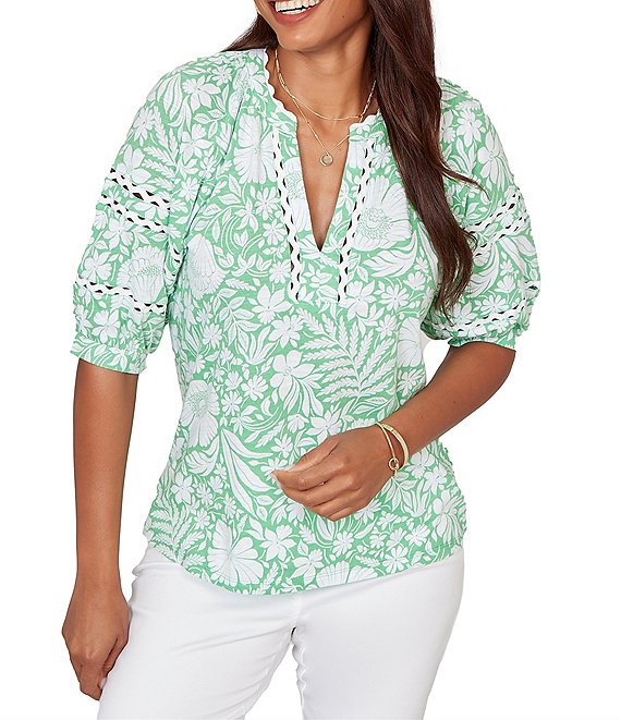 Ruby Rd. Tropical Floral Split V-Neck Elbow Sleeve Top