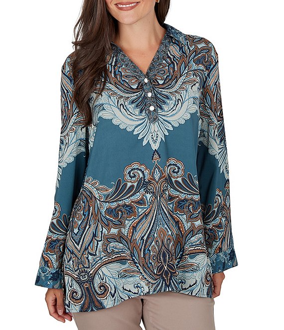 Ruby Rd. Woven Painted Scarf Paisley Bloom Collared V-Neck Long Sleeve Top