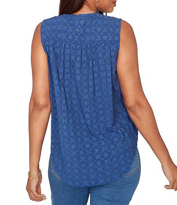 Ruby Rd. Woven Split V-Neck Sleeveless Button Tie-Front Eyelet Top