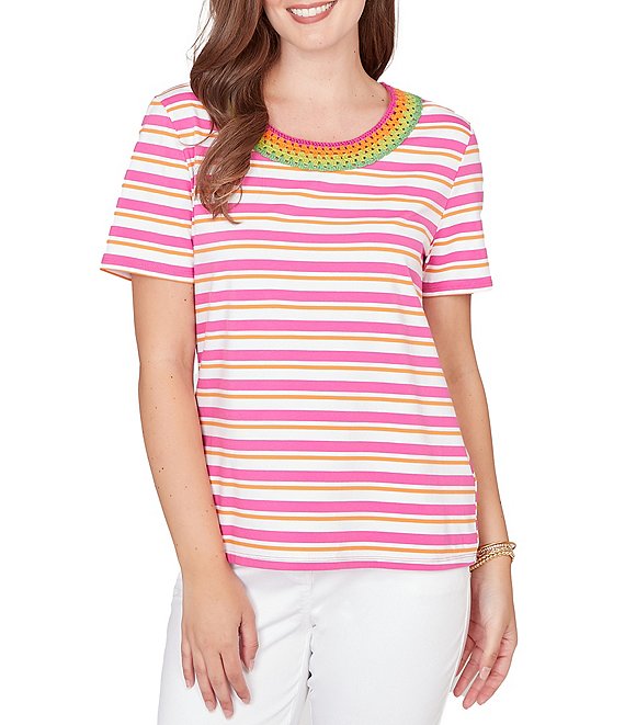 Ruby Rd. Yarn-Dyed Stripe Crochet Embellished Scoop Neck Short Sleeve Tee