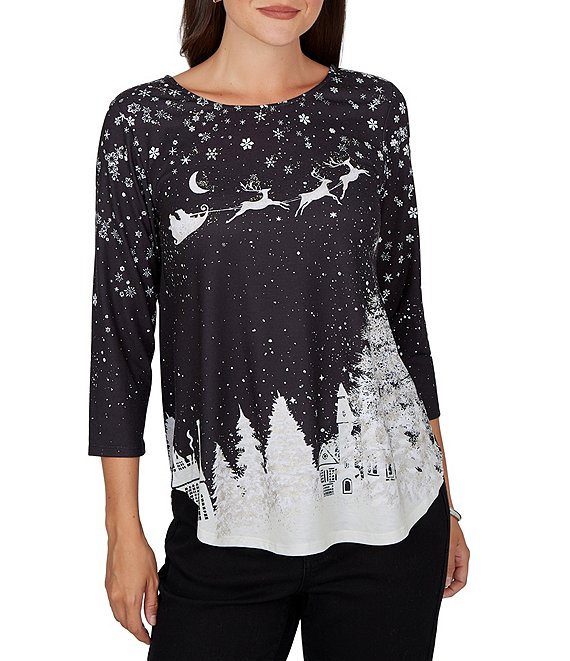 Ruby Rd.Petite Size Santa Flying Sleigh Snowflake Crew Neck 3/4 Sleeve Top