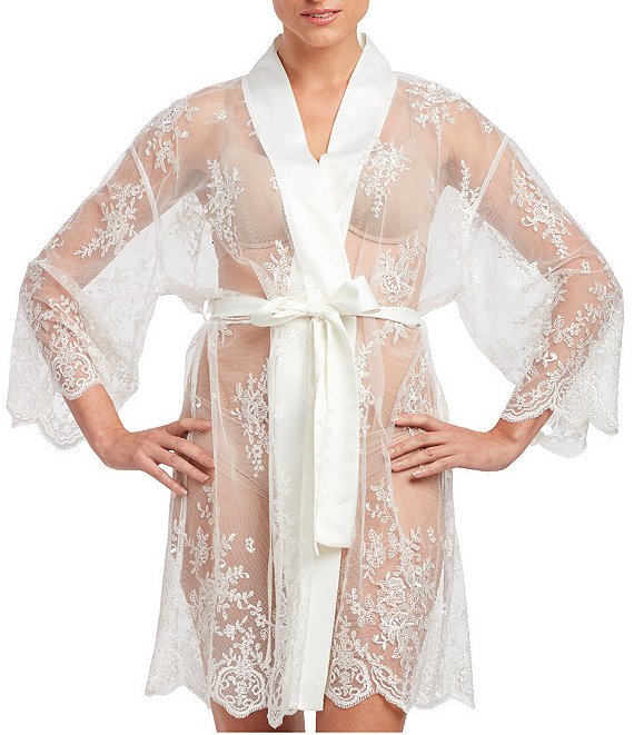 Rya Collection Allover Lace Banded Neck 3/4 Sleeve Short Wrap Robe