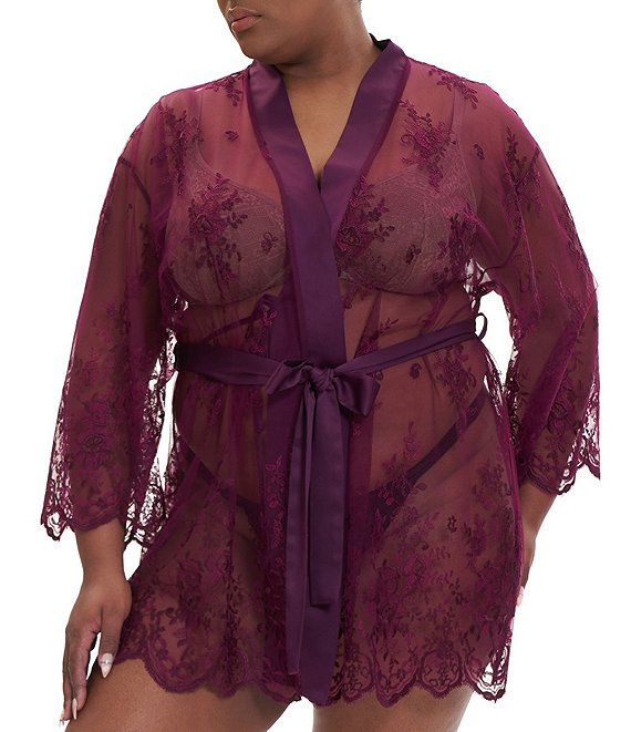 Color:Aubergine - Image 1 - Plus Size Lace Short Wrap Banded Collar 3/4 Sleeve Robe