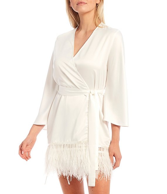 Color:Ivory - Image 1 - Swan Charmeuse Ostrich Feather Trim Hem 3/4 Sleeve Robe