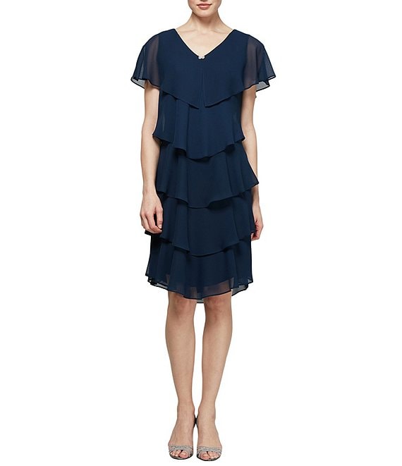 Ignite Evenings Jewel V-Neck Short Sleeve Georgette Tiered Capelet Shift Dress, Navy - Image 1