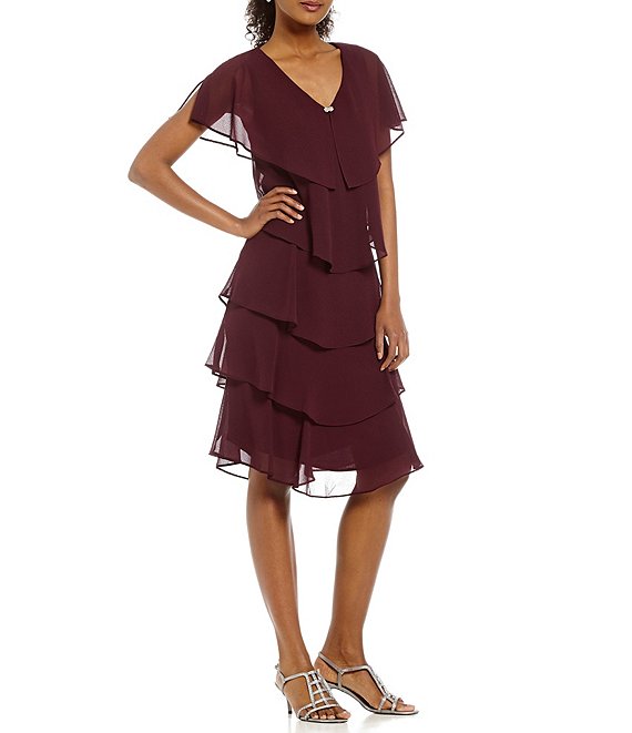 Color:Fig - Image 1 - V-Neck Short Sleeve Georgette Tiered Capelet Shift Dress