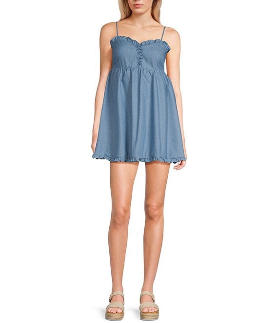 Sadie & Sage Adjustable Strap Chambray Ruffle Denim Mini Sadie & Sage Adjustable Strap Chambray Ruffle Denim Mini