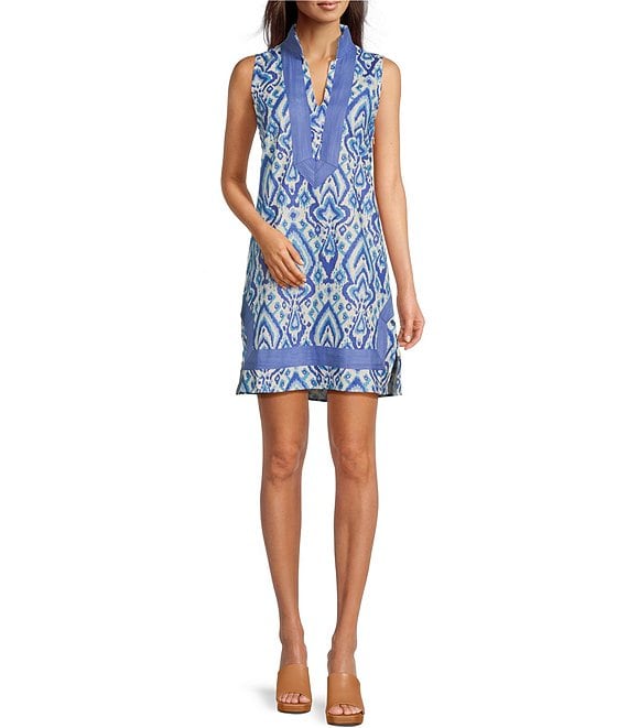 SAIL to SABLE Ikat Print Band Collar Split V-Neck Sleeveless Contrast Trim  Shift Dress