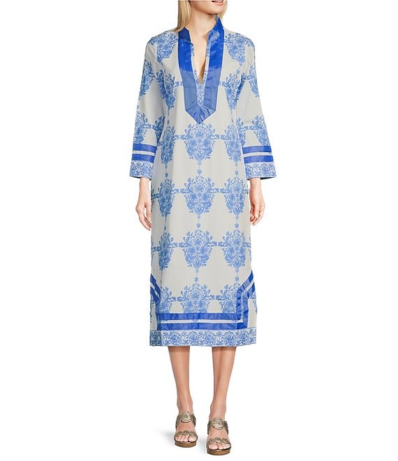 SAIL to SABLE Painted Block Print V-Neck Long Sleeve Contrasting Trim Maxi Caftan Dress