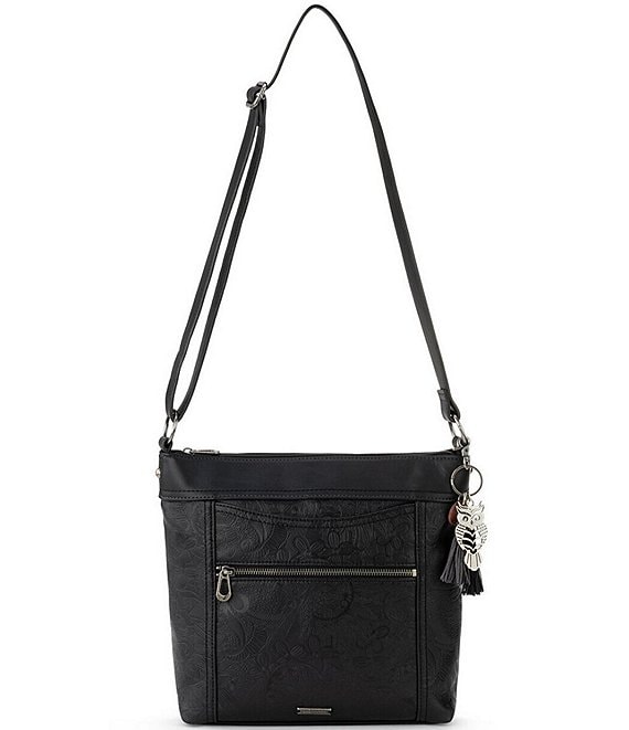 Color:Black Embossed - Image 1 - Arcadia Recycled Vegan Leather Gen Black Floral Crossbody Bag