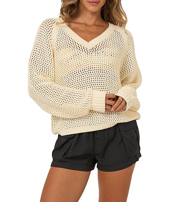 Salty Crew Long Sleeve V-Neck Open Knit Crochet Sweater