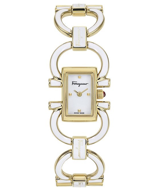 Color:Gold - Image 1 - Women's Double Gancini Mini Quartz Analog Gold Enamel Stainless Steel Bracelet Watch