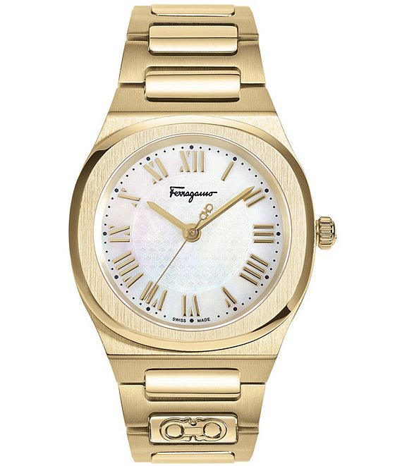 Color:Gold - Image 1 - Women's Ferragamo Elliptical Quartz Analog Gold Stainless Steel Bracelet Watch