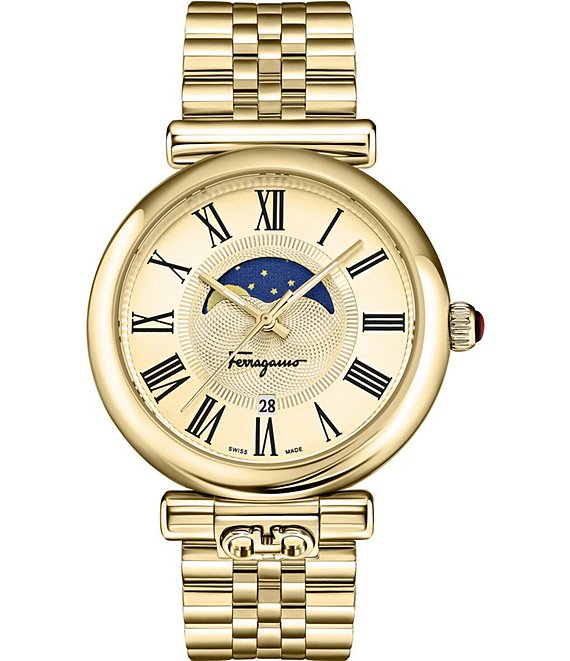 Color:Gold - Image 1 - Women's Ferragamo Ora Moonphase Quartz Analog Gold Stainless Steel Bracelet Watch