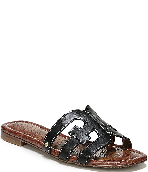 Color:Black - Image 1 - Bay Leather Double E Logo Slide Sandals