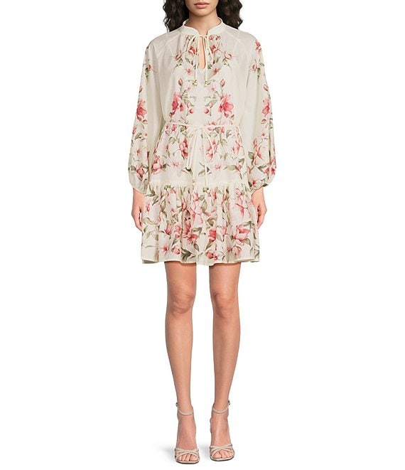 Sam Edelman Chiffon Floral Print Mock Neck Long Sleeve A-Line Mini Dress