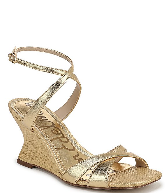 Sam Edelman Davi Leather and Raffia Ankle Wrap Wedge Dress Sandals
