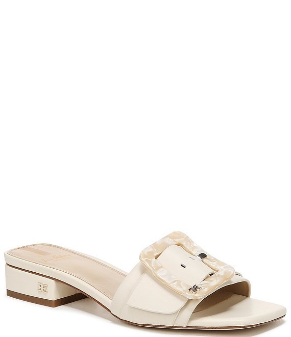 Color:Ivory - Image 1 - Deacon Leather Buckle Detail Slide Sandals