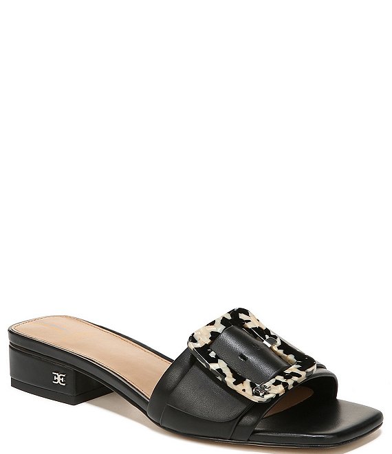 Color:Black - Image 1 - Deacon Leather Buckle Detail Slide Sandals