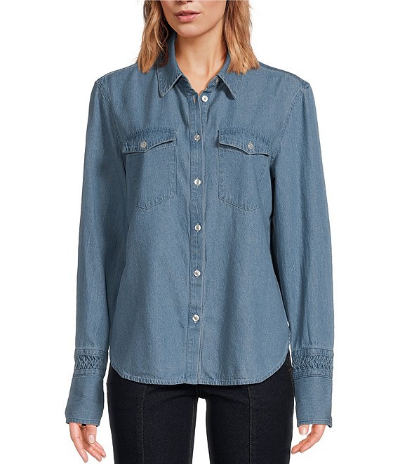 Sam Edelman Denim Collar Long Sleeve Button Down Top Dillard s