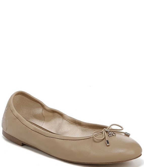 Color:Classic Nude - Image 1 - Felicia Leather Bow Detail Ballet Flats
