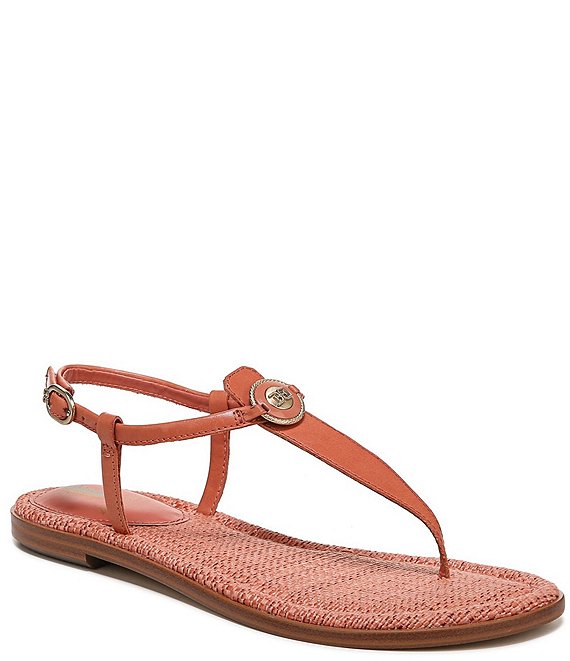 Color:Terracotta Pink - Image 1 - Gigi Signet Leather T-Strap Flat Sandals