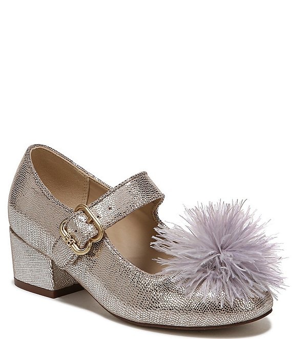Color:Soft Silver - Image 1 - Girls' Talia Feather Toe Metallic Block Heel Mary Janes (Youth)
