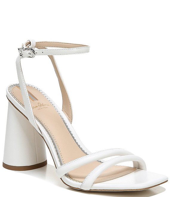 Color:Bright White - Image 1 - Kia Leather Sculptural Heel Ankle Strap Sandals