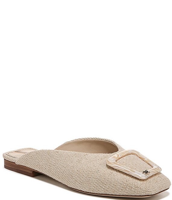 Color:Natural Linen - Image 1 - Lin Fabric Bit Buckle Square Toe Mules