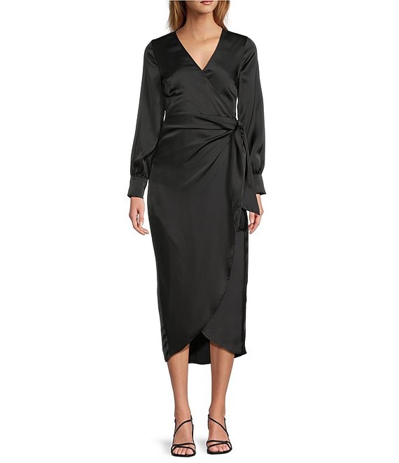 Sam Edelman Long Sleeve Satin Wrap Midi Dress, Black - Image 1
