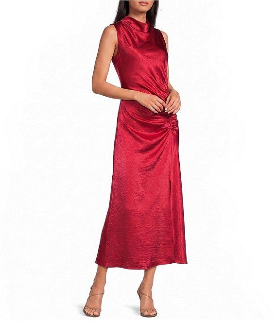 Sam Edelman Mock Neck Gathered Satin Maxi Dress