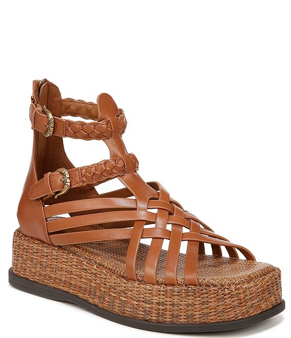 Woman's strap platform sandal in black and brown leather with braided wedge  heel 7